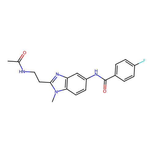 N-{2-[2-(acetylamino)ethyl]-1-methyl-1H-benzimidazol-5-yl}-4-fluorobenzamide structure