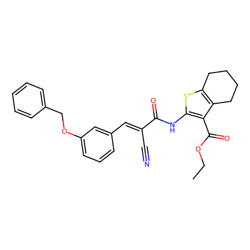 ethyl 2-[[(E)-2-cyano-3-(3-phenylmethoxyphenyl)prop-2-enoyl]amino]-4,5,6,7-tetrahydro-1-benzothiophene-3-carboxylate structure