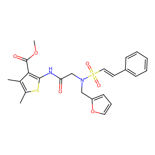 methyl 2-(2-{N-[(furan-2-yl)methyl]-2-phenylethenesulfonamido}acetamido)-4,5-dimethylthiophene-3-carboxylate structure