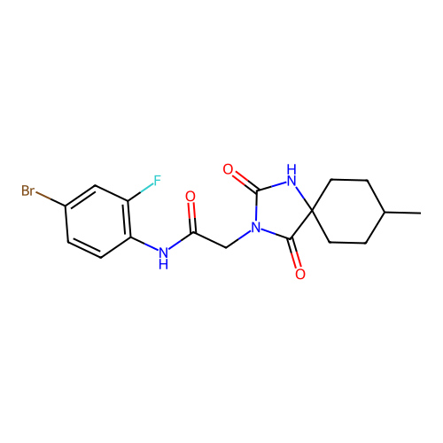 N-(4-bromo-2-fluorophenyl)-2-(8-methyl-1,3-dioxo-2,4-diazaspiro[4.5]decan-2-yl)acetamide structure