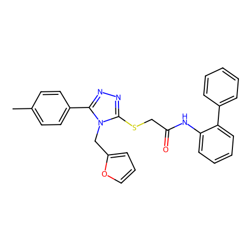 2-[[4-(2-furylmethyl)-5-(4-methylphenyl)-1,2,4-triazol-3-yl]sulfanyl]-N-(2-phenylphenyl)acetamide structure
