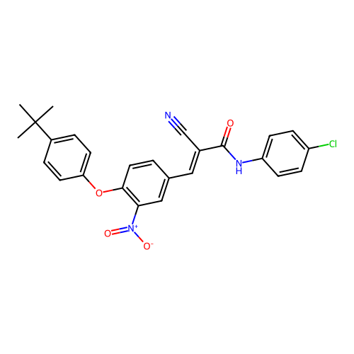(E)-3-[4-(4-tert-butylphenoxy)-3-nitrophenyl]-N-(4-chlorophenyl)-2-cyanoprop-2-enamide structure