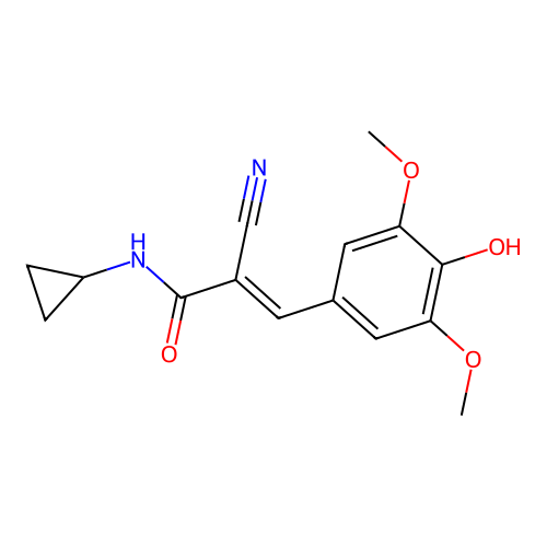 2-cyano-N-cyclopropyl-3-(4-hydroxy-3,5-dimethoxyphenyl)prop-2-enamide structure