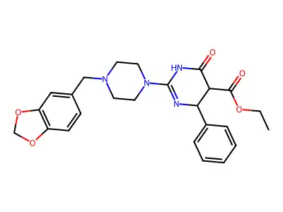 ethyl 2-[4-(1,3-benzodioxol-5-ylmethyl)piperazin-1-yl]-4-oxo-6-phenyl-1,4,5,6-tetrahydropyrimidine-5-carboxylate structure