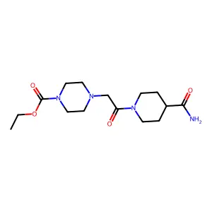 Ethyl 4-[2-(4-carbamoylpiperidin-1-yl)-2-oxoethyl]piperazine-1-carboxylate structure