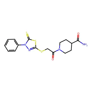 1-{[(4-phenyl-5-thioxo-4,5-dihydro-1,3,4-thiadiazol-2-yl)sulfanyl]acetyl}piperidine-4-carboxamide structure