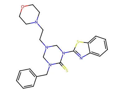 1-(1,3-benzothiazol-2-yl)-3-benzyl-5-(2-morpholinoethyl)-1,3,5-triazinane-2-thione structure
