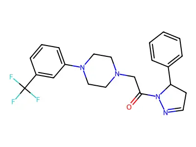 1-(5-phenyl-4,5-dihydro-1H-pyrazol-1-yl)-2-{4-[3-(trifluoromethyl)phenyl]piperazin-1-yl}ethanone structure