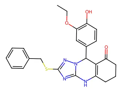 2-(benzylsulfanyl)-9-(3-ethoxy-4-hydroxyphenyl)-5,6,7,9-tetrahydro[1,2,4]triazolo[5,1-b]quinazolin-8(4H)-one structure