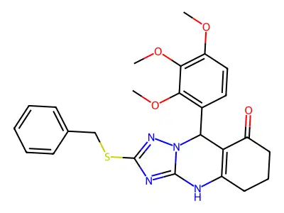 2-(benzylsulfanyl)-9-(2,3,4-trimethoxyphenyl)-5,6,7,9-tetrahydro[1,2,4]triazolo[5,1-b]quinazolin-8(4H)-one structure
