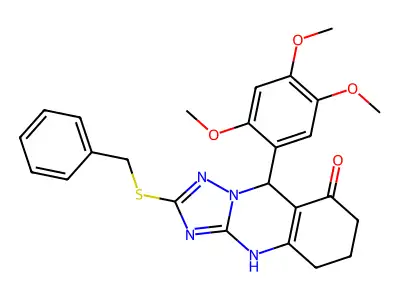 2-(benzylsulfanyl)-9-(2,4,5-trimethoxyphenyl)-5,6,7,9-tetrahydro[1,2,4]triazolo[5,1-b]quinazolin-8(4H)-one structure