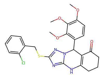 2-[(2-chlorobenzyl)sulfanyl]-9-(2,3,4-trimethoxyphenyl)-5,6,7,9-tetrahydro[1,2,4]triazolo[5,1-b]quinazolin-8(4H)-one structure