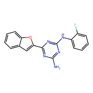 6-(1-benzofuran-2-yl)-N-(2-fluorophenyl)-1,3,5-triazine-2,4-diamine structure