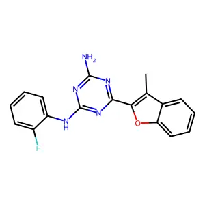 2-N-(2-fluorophenyl)-6-(3-methyl-1-benzofuran-2-yl)-1,3,5-triazine-2,4-diamine structure