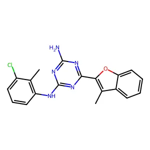 N-(3-chloro-2-methylphenyl)-6-(3-methyl-1-benzofuran-2-yl)-1,3,5-triazine-2,4-diamine structure