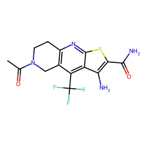 6-acetyl-3-amino-4-(trifluoromethyl)-5,6,7,8-tetrahydrothieno[2,3-b][1,6]naphthyridine-2-carboxamide structure