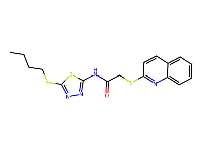 N-(5-butylsulfanyl-1,3,4-thiadiazol-2-yl)-2-quinolin-2-ylsulfanylacetamide structure