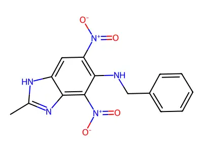 1H-Benzimidazol-5-amine, 4,6-dinitro-2-methyl-N-(phenylmethyl)- structure