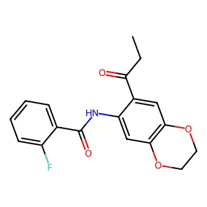 2-fluoro-N-(7-propanoyl-2,3-dihydro-1,4-benzodioxin-6-yl)benzamide structure