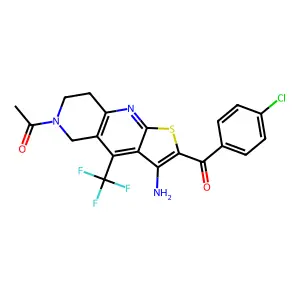 1-[3-amino-2-(4-chlorobenzoyl)-4-(trifluoromethyl)-5H,6H,7H,8H-thieno[2,3-b]1,6-naphthyridin-6-yl]ethan-1-one structure
