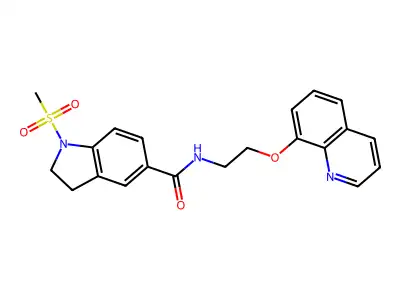 1-methylsulfonyl-N-(2-quinolin-8-yloxyethyl)-2,3-dihydroindole-5-carboxamide structure