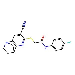 2-[(4-cyano-1,6-diazatricyclo[6.2.2.0~2,7~]dodeca-2,4,6-trien-5-yl)sulfanyl]-N-(4-fluorophenyl)acetamide structure