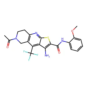 6-acetyl-3-amino-N-(2-methoxyphenyl)-4-(trifluoromethyl)-5,6,7,8-tetrahydrothieno[2,3-b][1,6]naphthyridine-2-carboxamide structure