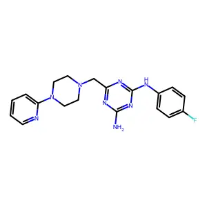 N2-(4-fluorophenyl)-6-[[4-(2-pyridinyl)-1-piperazinyl]methyl]-1,3,5-triazine-2,4-diamine structure