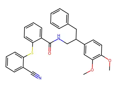 2-(2-cyanophenyl)sulfanyl-N-[2-(3,4-dimethoxyphenyl)-3-phenylpropyl]benzamide structure
