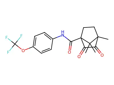 4,7,7-trimethyl-2,3-dioxo-N-[4-(trifluoromethoxy)phenyl]bicyclo[2.2.1]heptane-1-carboxamide structure