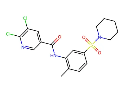 5,6-dichloro-N-[2-methyl-5-(piperidine-1-sulfonyl)phenyl]pyridine-3-carboxamide structure