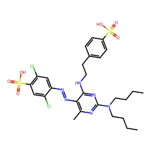 Benzenesulfonic acid, 2,5-dichloro-4-((2-(dibutylamino)-4-methyl-6-((2-(4-sulfophenyl)ethyl)amino)-5-pyrimidinyl)azo)- structure