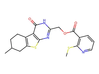 (7-methyl-4-oxo-5,6,7,8-tetrahydro-3H-[1]benzothiolo[2,3-d]pyrimidin-2-yl)methyl 2-methylsulfanylpyridine-3-carboxylate structure