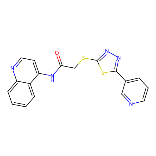 2-(5-Pyridin-3-yl-[1,3,4]thiadiazol-2-ylsulfanyl)-N-quinolin-4-yl-acetamide structure