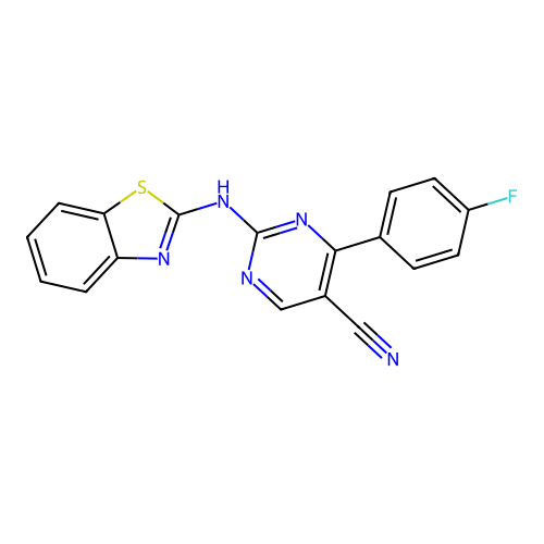 2-(Benzothiazol-2-ylamino)-4-(4-fluoro-phenyl)-pyrimidine-5-carbonitrile structure