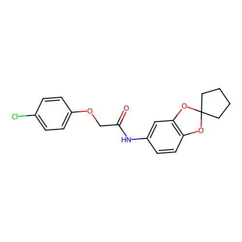 2-(4-chlorophenoxy)-N-spiro[1,3-benzodioxole-2,1'-cyclopentan]-5-ylacetamide structure