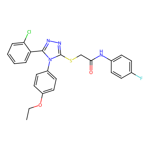 2-[[5-(2-chlorophenyl)-4-(4-ethoxyphenyl)-1,2,4-triazol-3-yl]sulfanyl]-N-(4-fluorophenyl)acetamide structure