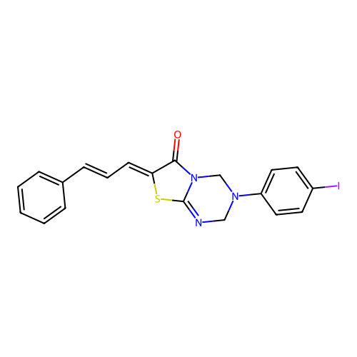 (Z)-3-(4-iodophenyl)-7-((E)-3-phenylallylidene)-3,4-dihydro-2H-thiazolo[3,2-a][1,3,5]triazin-6(7H)-one structure