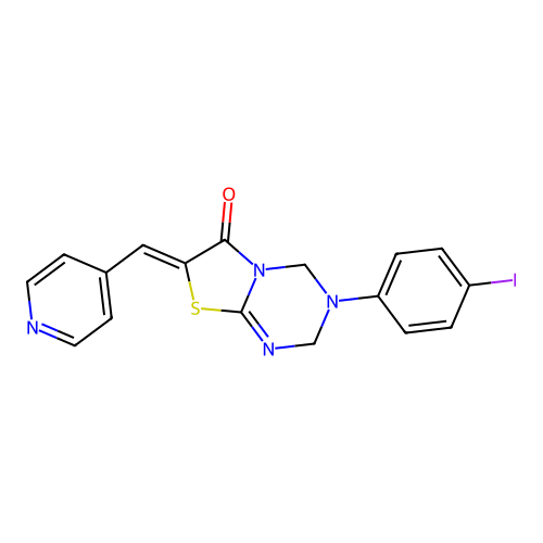 (Z)-3-(4-iodophenyl)-7-(pyridin-4-ylmethylene)-3,4-dihydro-2H-thiazolo[3,2-a][1,3,5]triazin-6(7H)-one structure