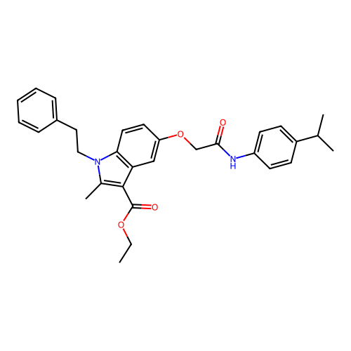 Ethyl 2-methyl-1-phenethyl-5-[(4-propan-2-ylphenyl)carbamoylmethoxy]indole-3-carboxylate structure