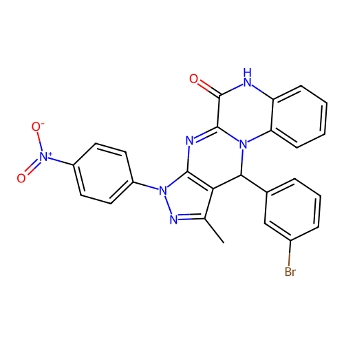 11-(3-bromophenyl)-10-methyl-8-(4-nitrophenyl)-8,11-dihydropyrazolo[3',4':4,5]pyrimido[1,2-a]quinoxalin-6-ol structure