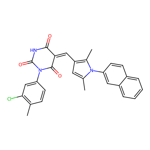 (5Z)-1-(3-chloro-4-methylphenyl)-5-{[2,5-dimethyl-1-(naphthalen-2-yl)-1H-pyrrol-3-yl]methylidene}pyrimidine-2,4,6(1H,3H,5H)-trione structure