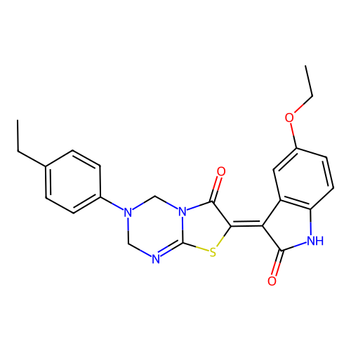 (7Z)-7-(5-ethoxy-2-oxo-1,2-dihydro-3H-indol-3-ylidene)-3-(4-ethylphenyl)-3,4-dihydro-2H-[1,3]thiazolo[3,2-a][1,3,5]triazin-6(7H)-one structure