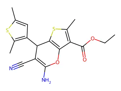 ethyl 5-amino-6-cyano-7-(2,5-dimethylthiophen-3-yl)-2-methyl-7H-thieno[3,2-b]pyran-3-carboxylate structure