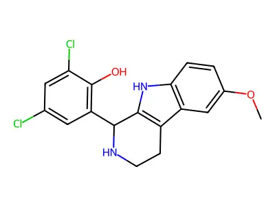 2,4-dichloro-6-(6-methoxy-2,3,4,9-tetrahydro-1H-beta-carbolin-1-yl)phenol structure