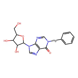[9-[3,4-Dihydroxy-5-(hydroxymethyl)oxolan-2-yl]-6-oxopurin-1-yl]-phenylmercury structure