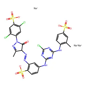 Benzenesulfonic acid, 4-((4-chloro-6-((2-methyl-4-sulfophenyl)amino)-1,3,5-triazin-2-yl)amino)-2-((1-(2,5-dichloro-4-sulfophenyl)-4,5-dihydro-3-methyl-5-oxo-1H-pyrazol-4-yl)azo)-, trisodium salt structure