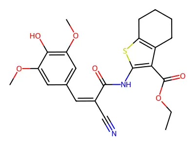 Ethyl 2-[[(Z)-2-cyano-3-(4-hydroxy-3,5-dimethoxyphenyl)prop-2-enoyl]amino]-4,5,6,7-tetrahydro-1-benzothiophene-3-carboxylate structure