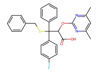 3-(benzylsulfanyl)-2-[(4,6-dimethylpyrimidin-2-yl)oxy]-3-(4-fluorophenyl)-3-phenylpropanoic acid structure