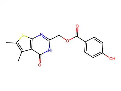 (5,6-dimethyl-4-oxo-3H-thieno[2,3-d]pyrimidin-2-yl)methyl 4-hydroxybenzoate structure